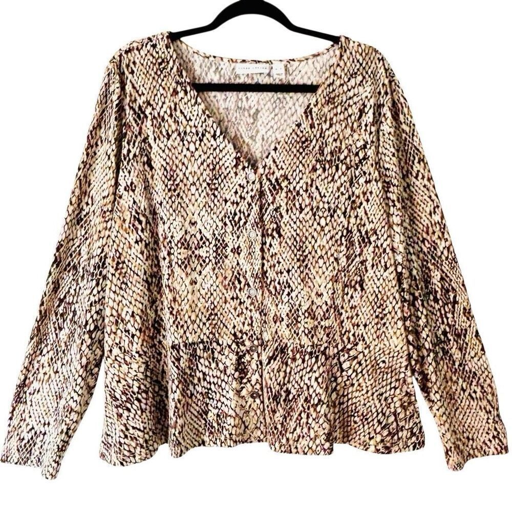 Susan Graver XL liquid knit snake print v-neck peplum button front neutral blous